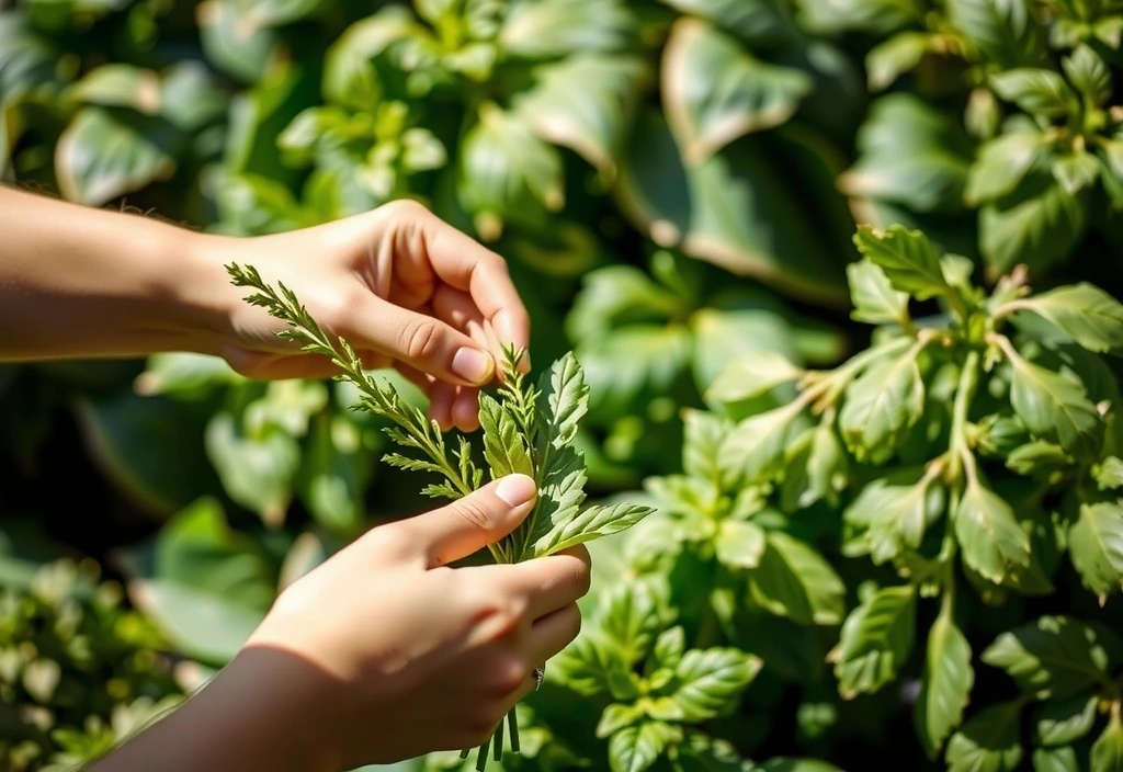A hand gently picking fresh herbs in a lush, green organic farm