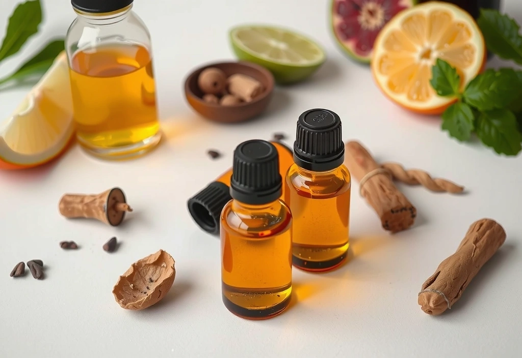 Close-up of natural ingredients like essential oils, plant extracts, and botanical elements, representing product composition.