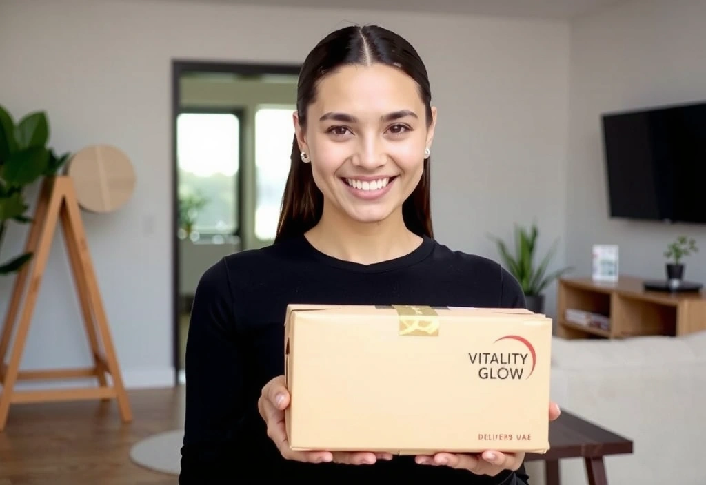 Woman looking at a shipping box with Vitalityandglowuaecocz branding, representing order and delivery