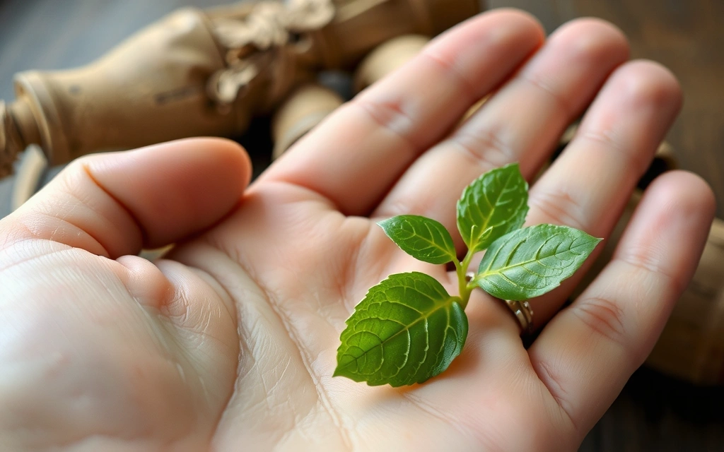 Hand holding a plant sprout with glowing light