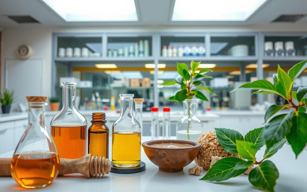 Laboratory setting with natural ingredients and scientific equipment