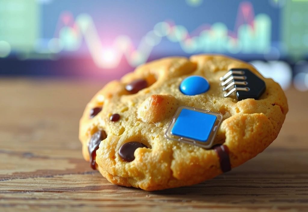 Close-up of a cookie with digital data patterns